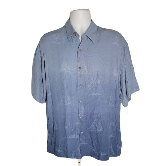 Campia Moda Button Up Collard Shirt ~ Sz L ~ Blue ~ Short Sleeve ~ Sailboats - Picture 1 of 4